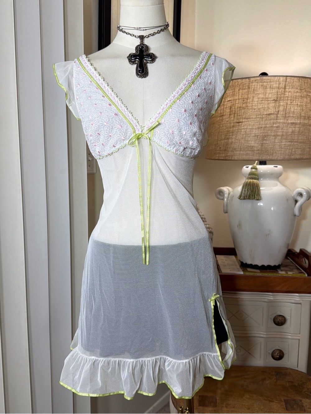 Felina Lingerie Embroidered Mesh Ribbon Vneck Babydoll Tunic